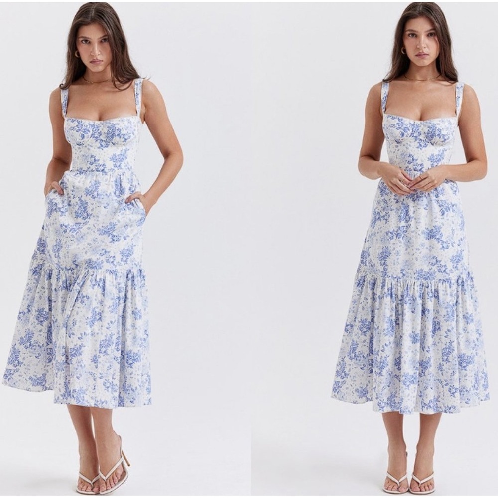 House of CB Elia Midi Dress Women L Blue New Floral Corset Tiered Poplin SB8983